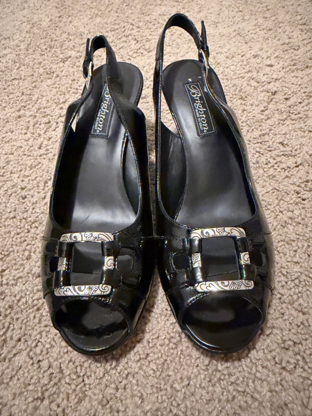 Brighton Black Patent Slingback Peep-Toe Heels...brand new, never work